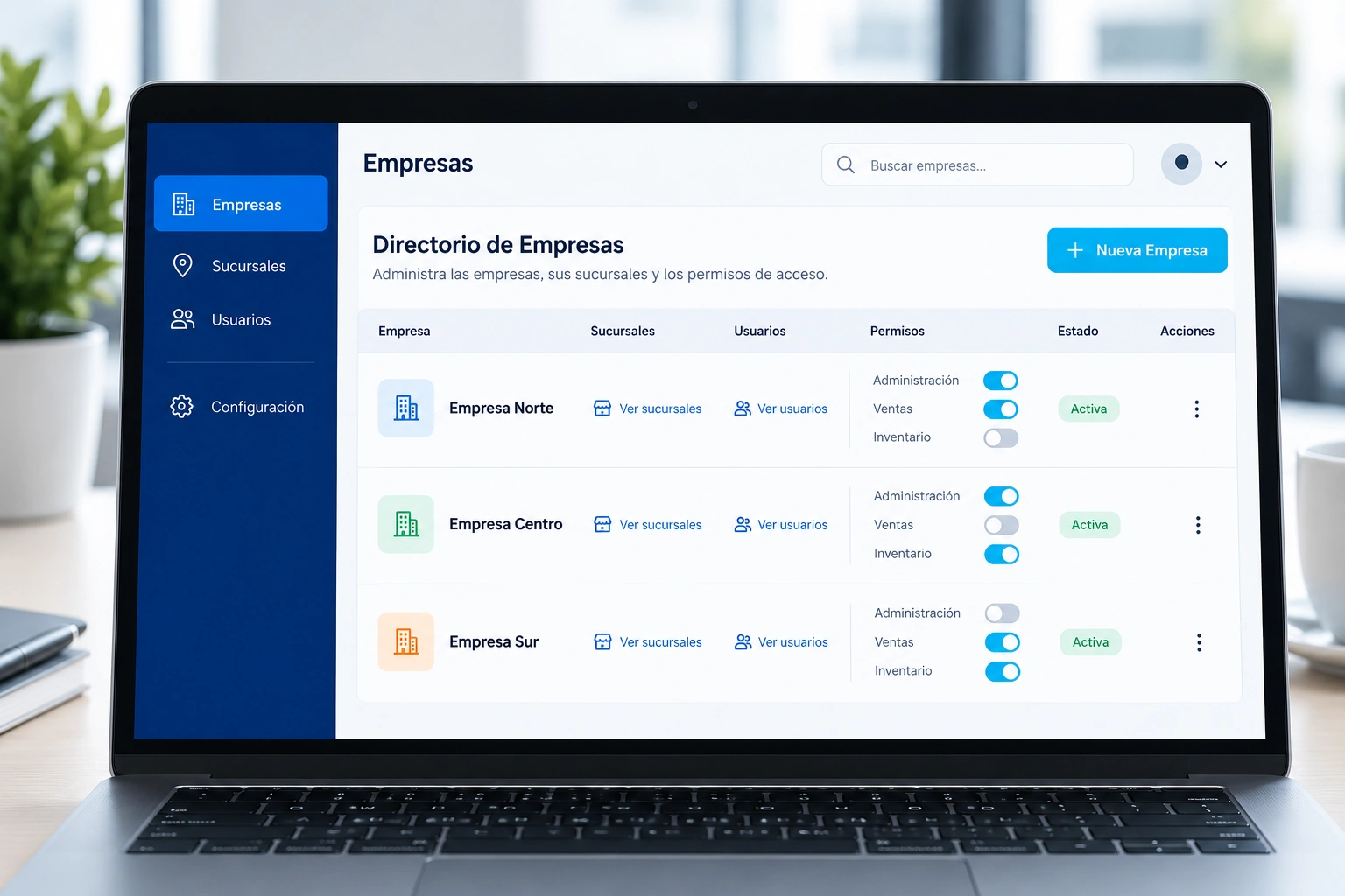 Interfaz ilustrativa de una plataforma empresarial con empresas y permisos.