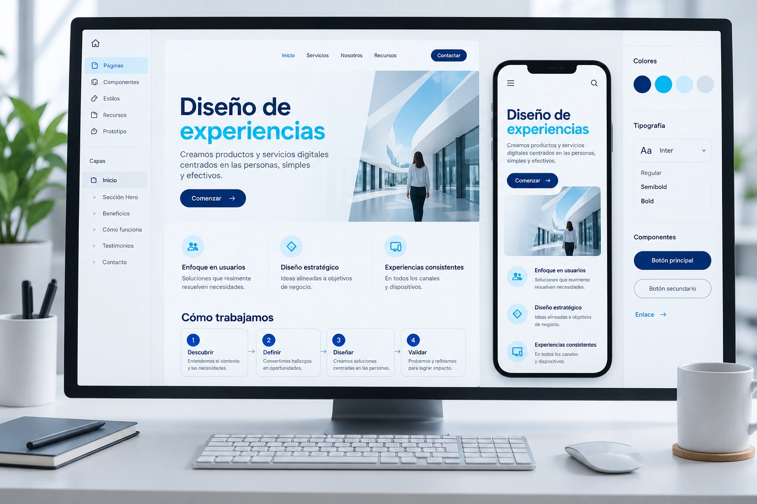 Ejemplo ilustrativo de diseño de interfaces web y móvil y de un flujo de usuario.