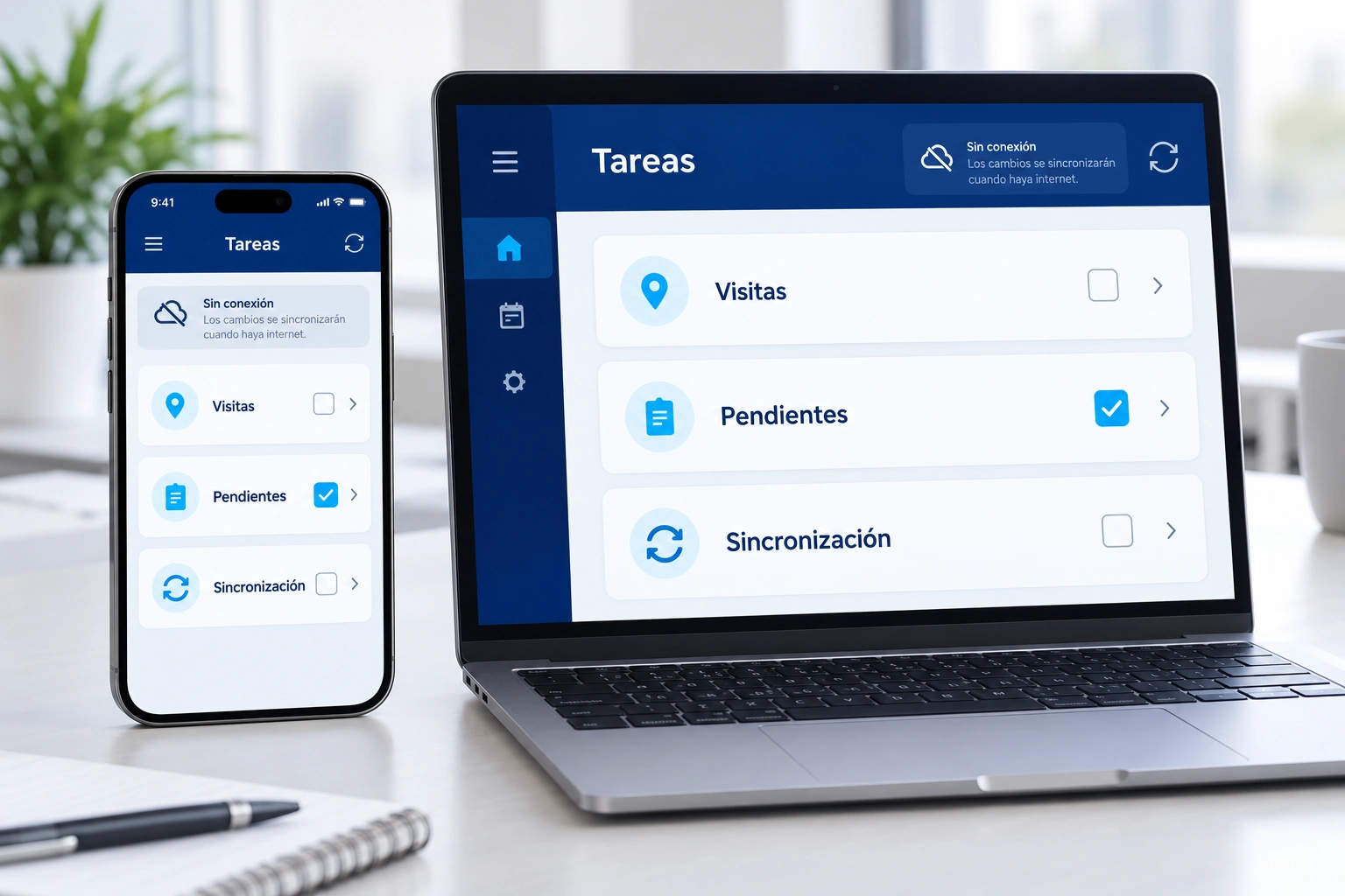 Ejemplo ilustrativo de una aplicación de tareas en computadora y teléfono.